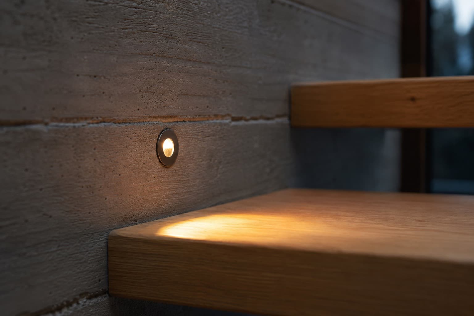 Recessed lighting detail on a floating oak staircase